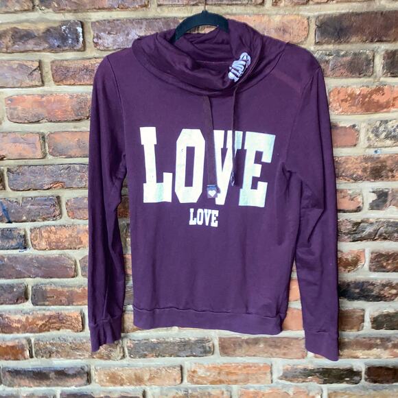On Fire Burgundy LOVE Graphic Cowl Turtle Neck Sweatshirt Women's Size Large - Picture 1 of 5